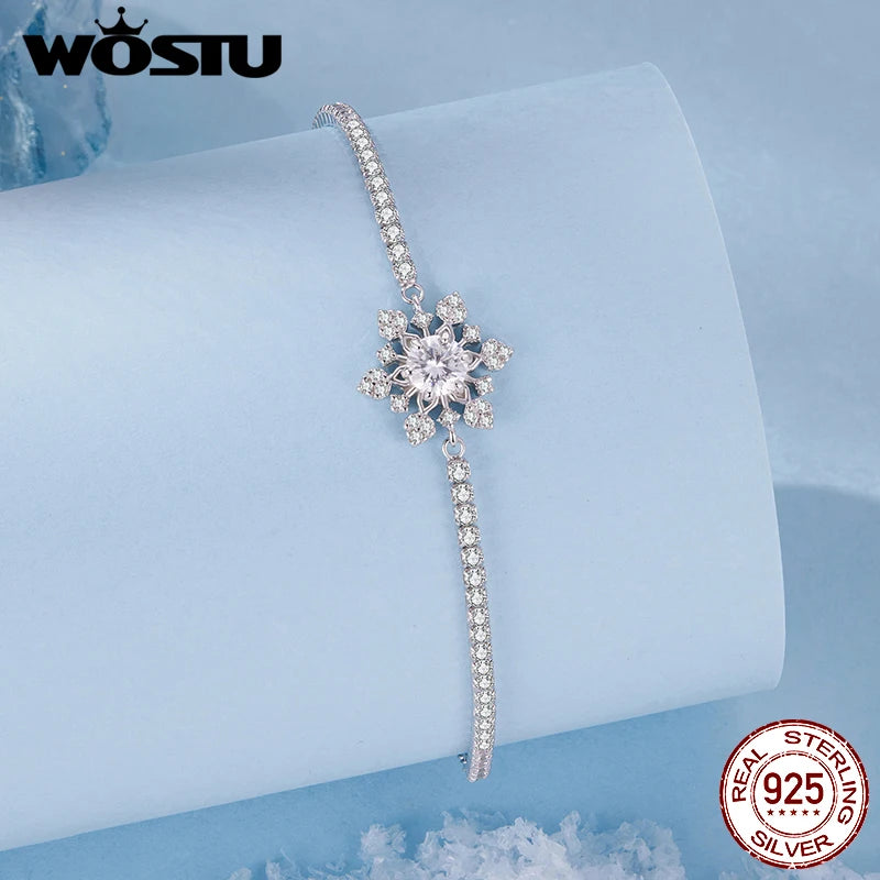 WOSTU Christmas Snowflake Bracelet For Women, 925 Silver Sparkling Zirconia Adjustable Chain Links Dainty Winter Jewelry Gift