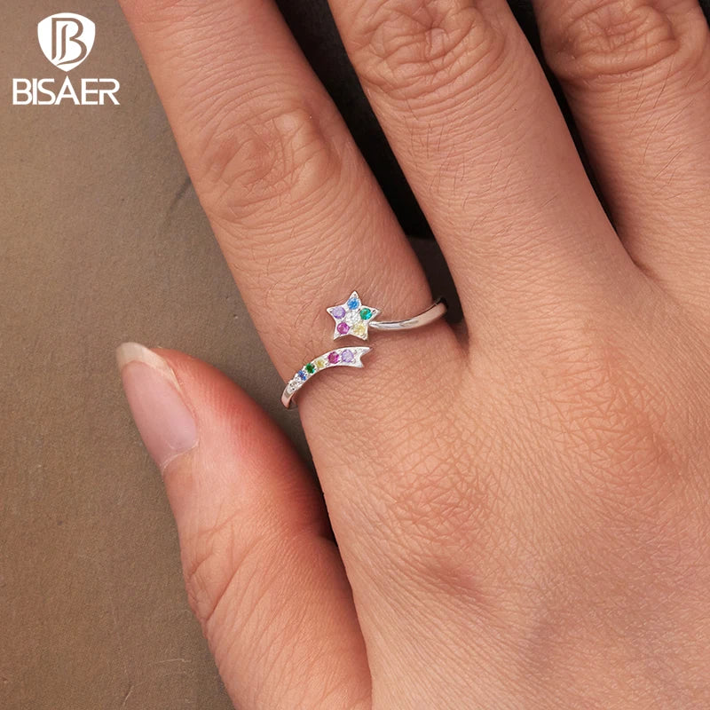 BISAER 925 Sterling Silver Colorful Shooting Star Open Ring Stars Statement Band Adjustable for Women Party Fine Jewelry Gift