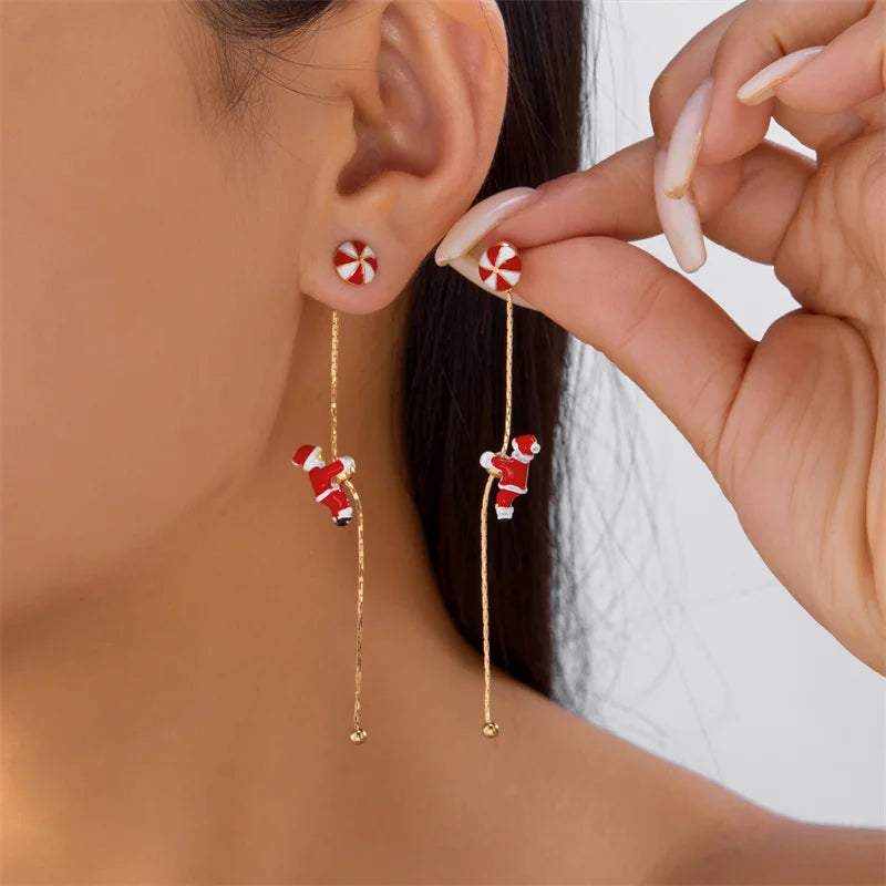 Creative Asymmetric Christmas Tree Snowman Snowflake Drop Earring for Women Moving Santa Claus Long Tassel Earring Party Jewelry