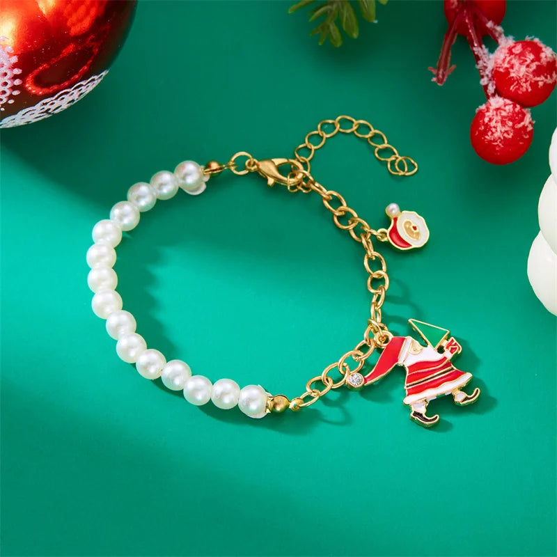 Creative Christmas Metal Chain Bracelet For Women Men Delicate Imitation Pearl Santa Claus Xmas Tree Snowflake Snowman Bangles