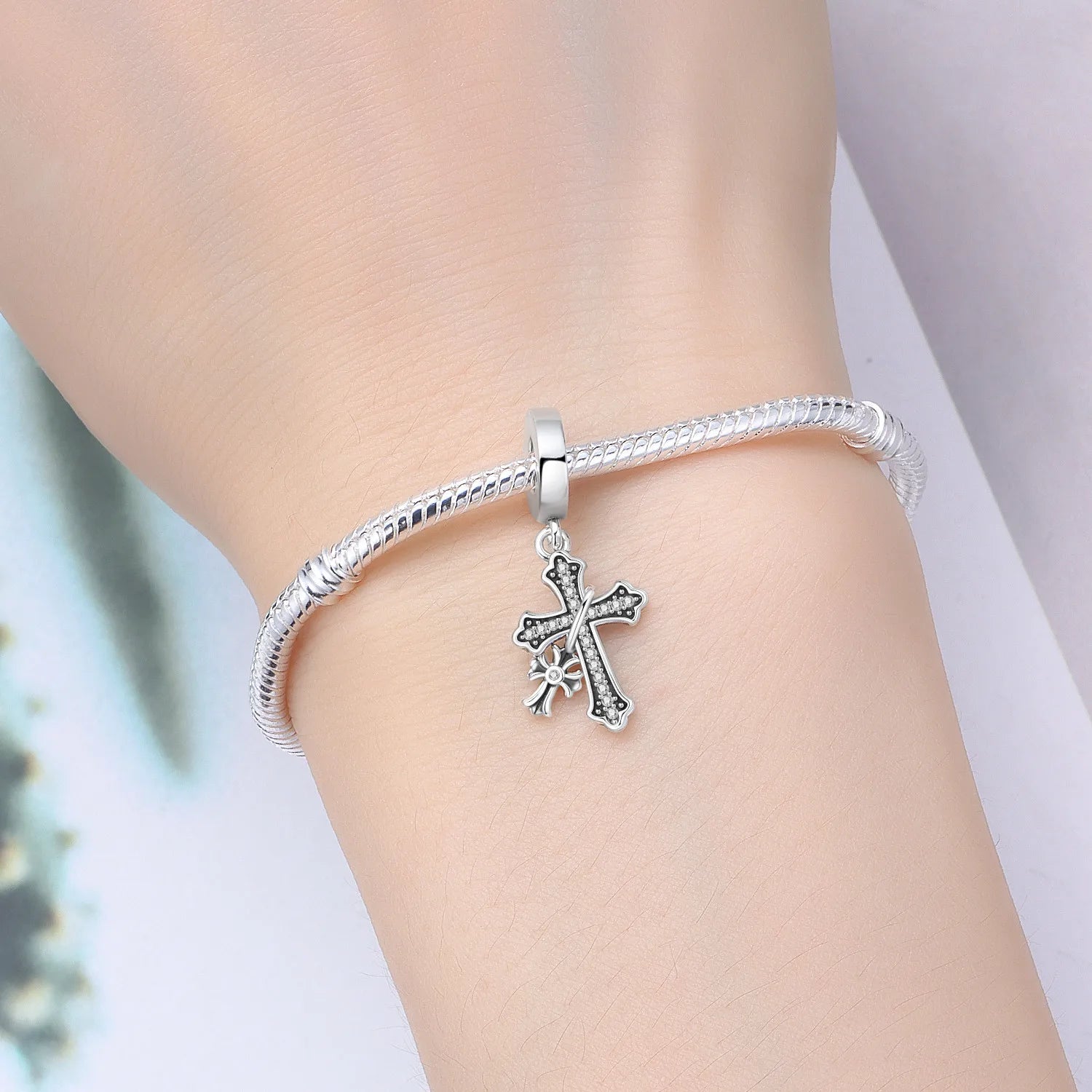 PANPOKI 925 Sterling Silver Hanging Cross Religious Symbol Beads Original Pendants Bracelet Charm Jewelry Party DIY Trendy Gift