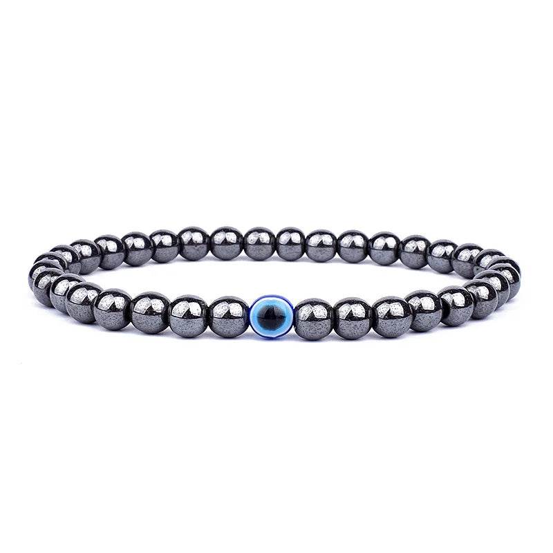 MKENEDN 6mm Natural Stone Beads Evil Eye Bracelet Reiki Hematite Elastic Bracelets For Men Women Hand Jewelry Pulseras Homme - Madeinsea©
