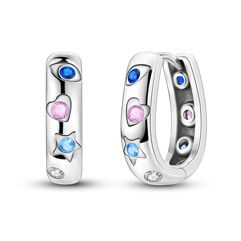Original Cute 925 Silver Sparkling Colorful Zircon Pink Heart Shape Star Moon Earrings For Women Wedding Engagement Jewelry Gift