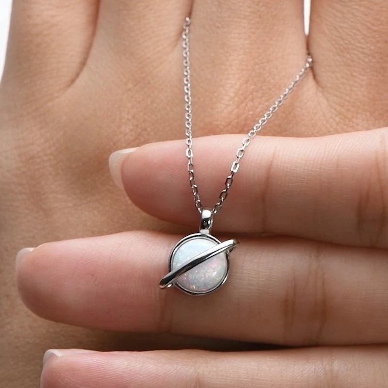 8mm Round White Fire Opal Fashion Planet Necklace Classic 925 Sterling Silver Ladies Pendant Necklace for Women Exquisite Gift