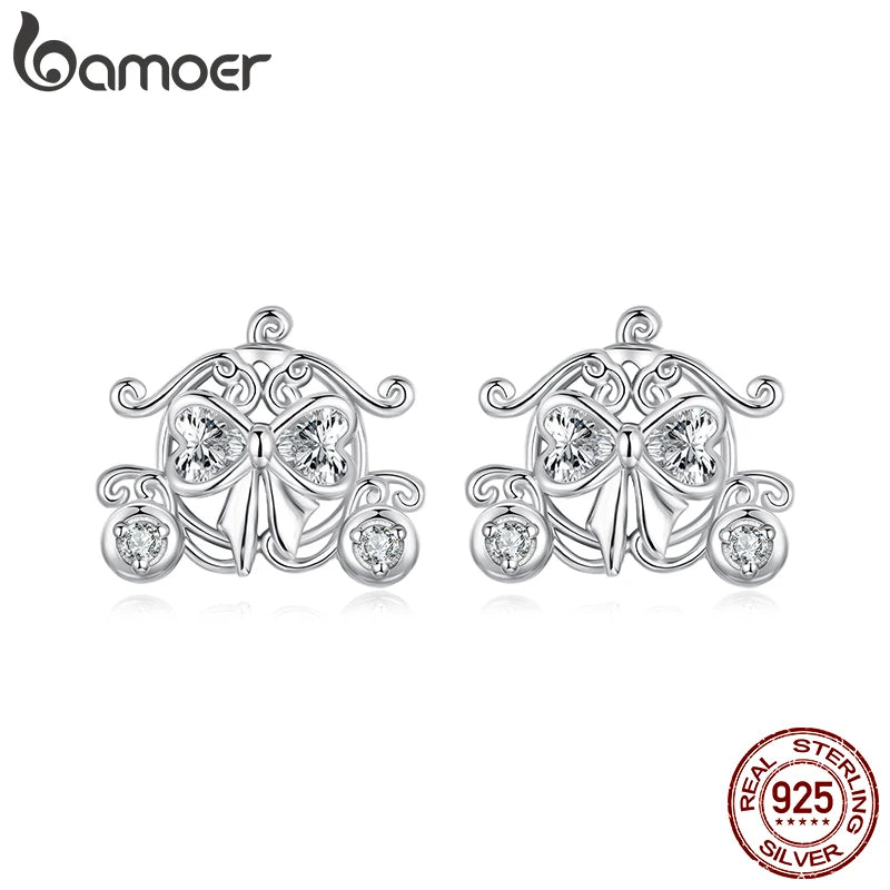 BAMOER Pumpkin Car Stud Earrings Fairytale Bowknot Earrings 925 Sterling Silver for Women Young Girl Hypoallergenic Jewelry Gift