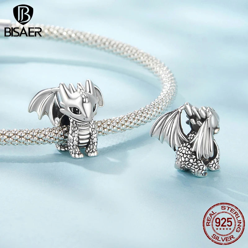 BISAER 925 Sterling Silver Vintage Phoenix Flying Dragon Charm Bead Lion Crown Snake Pendant For Women DIY Bracelet Fine Jewelry