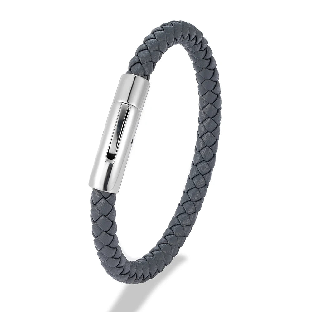 MKENDN 6 mm rotes geflochtenes Lederarmband für Damen und Herren, Edelstahlknopf, Schmuck, Unisex-Geschenk für Paare, klassisch schlichtes Design