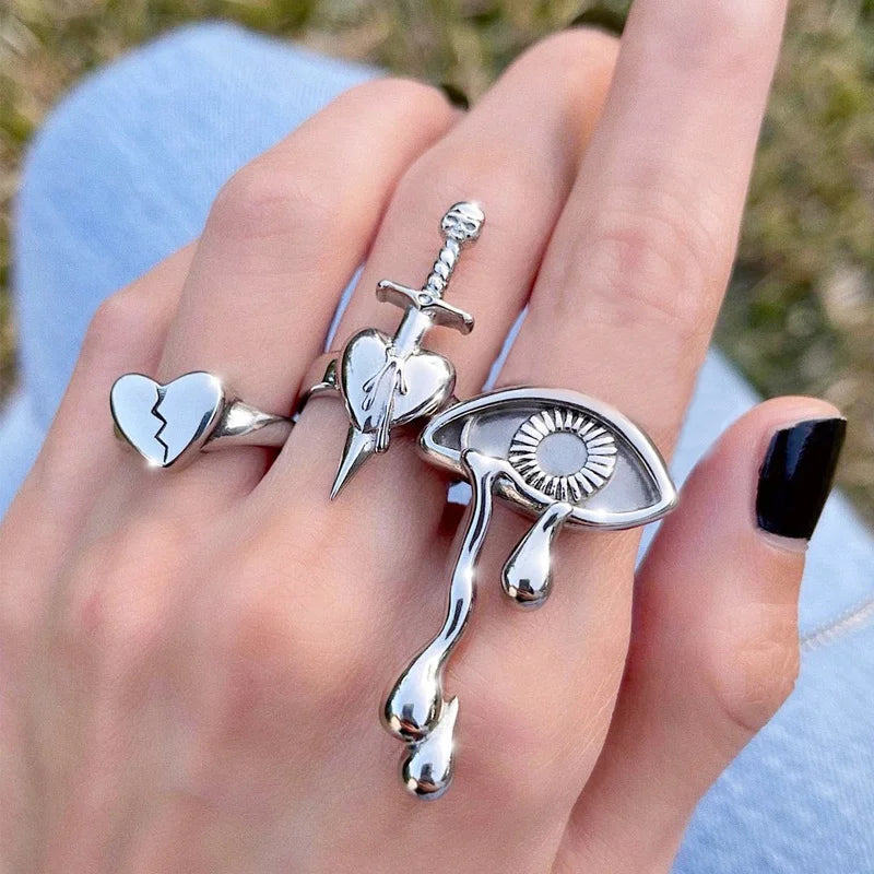 Punk Heart Ring Set for Women Sword Teary Eyes Gothic Vintage Plated Retro Rhinestone Bohemia Finger Jewelry 2022 New Trendy