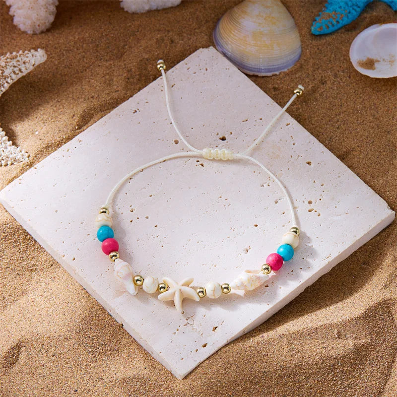 Bohemian Starfish Conch Shell Beads Bracelet For Women Girls Summer Beach Party Rice Bead Adjustable Bangle Friendship Jewelry