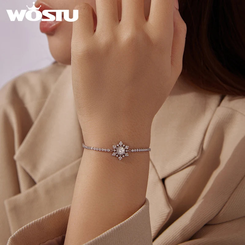 WOSTU Christmas Snowflake Bracelet For Women, 925 Silver Sparkling Zirconia Adjustable Chain Links Dainty Winter Jewelry Gift