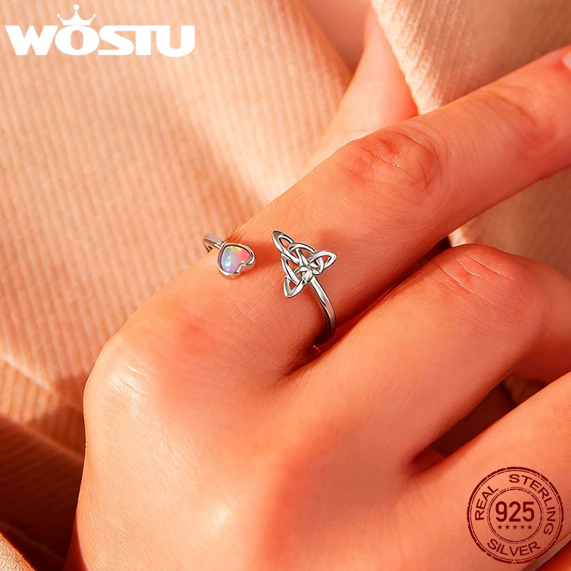 WOSTU 925 Sterling Silver Celtic Knot Open Ring With Pink Fire Opal Gemstone, Women Opal Heart Ring S925 Unique Valentine Gift