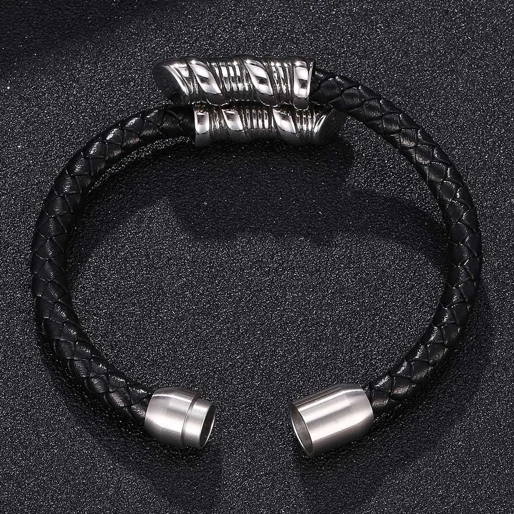 MKENDN Punk Style Men Jewelry Leather Braided Bracelets Stainless Steel Interlocking Black Bracelets Fashion Male Bangle Gifts