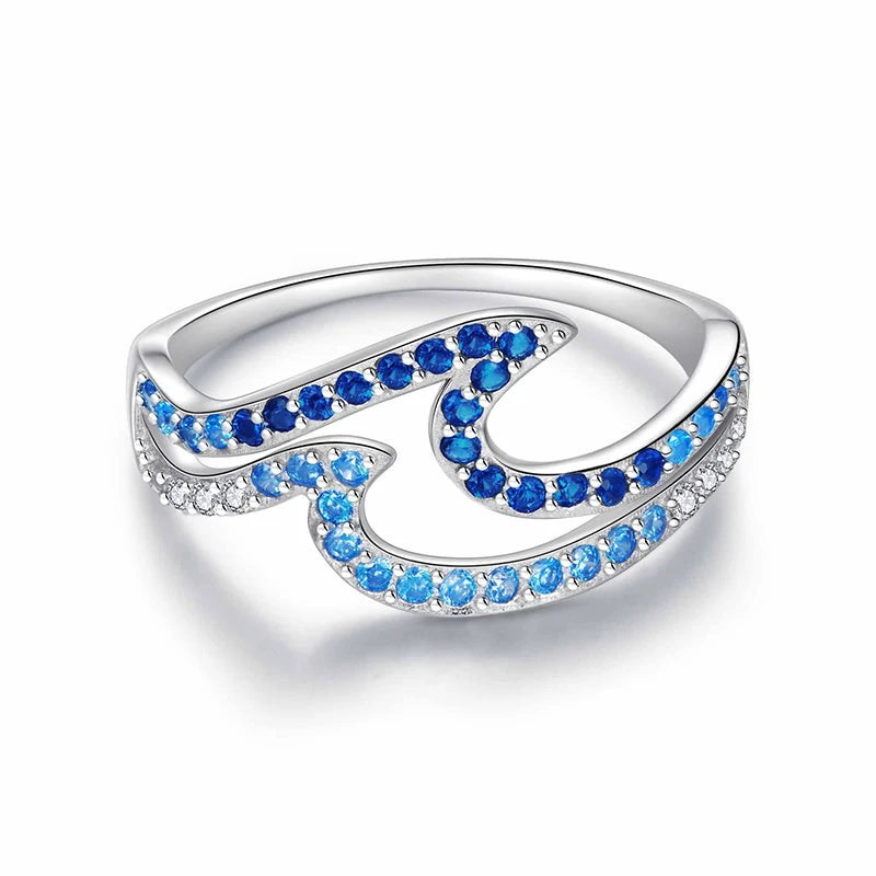 WOSTU Ringe aus echtem 925er Sterlingsilber mit Wellenmuster, elegantem, stapelbarem Statement-Ring im Ozeanwellen-Design mit blauem Zirkonia-Farbverlauf für Damen