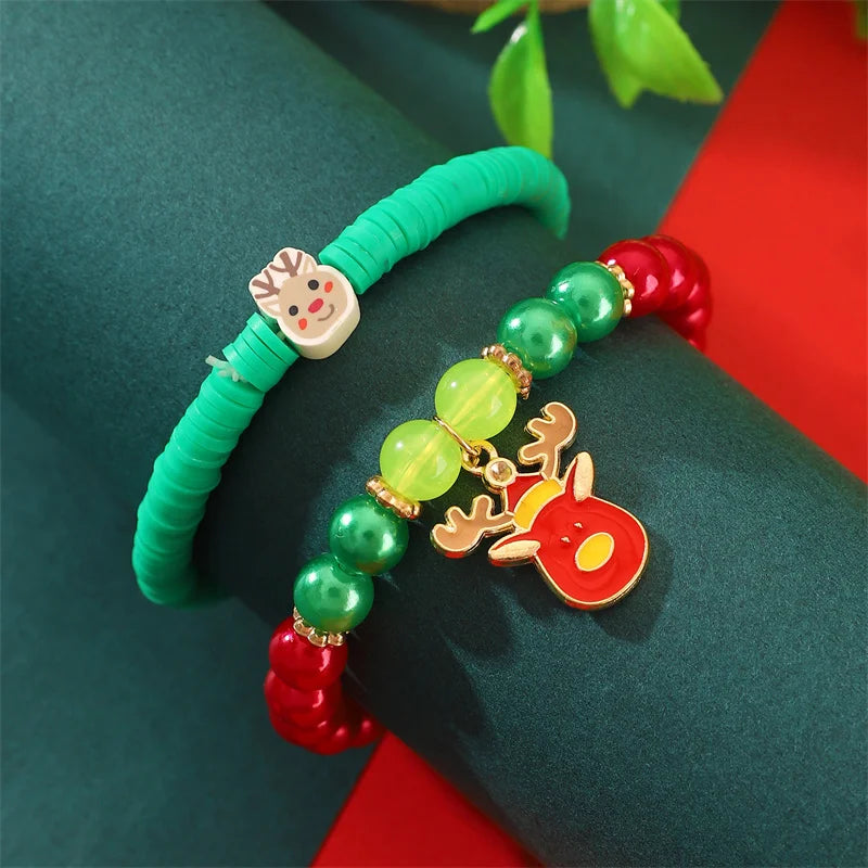 2-5 pcs Cute Christmas Series Bracelet Set For Women Men Santa Claus Snowman Snowflake Pendant Beads Bracelets Party Jewelry