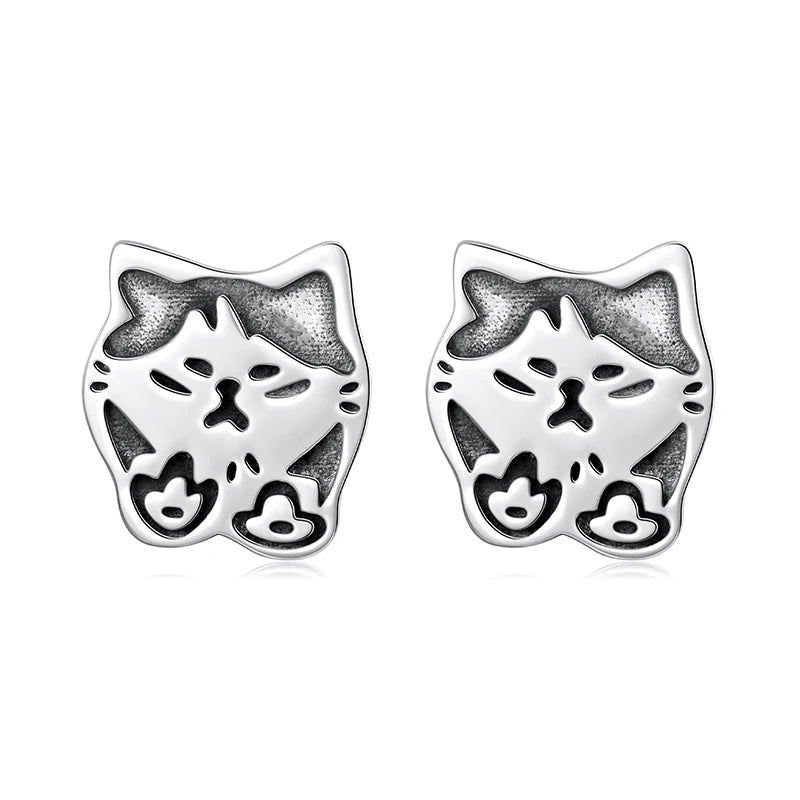 WOSTU Real 925 Sterling Silver Bowtie Cat Stud Earrings for Women Graffiti Cat Ear Studs Lovely Pet lover Faimly Jewelry Gift