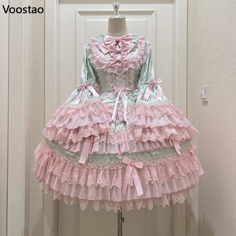 Victorian Vintage Lolita OP Dress Women Kawaii Cute Bow Lace Ruffle Flower Wedding Dress Japanese Elegant Princess Party Dresses