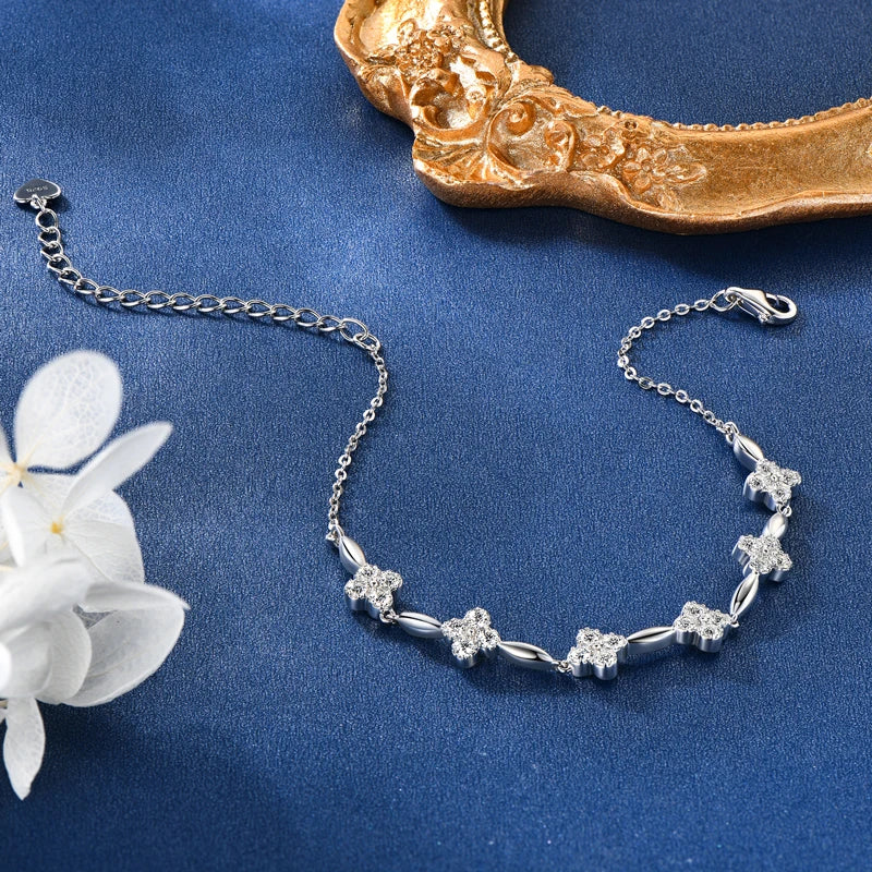 OXTAO Moissanite Four-leaf Crocodile Flower Bracelet Women's 925 Sterling Silver Adjustable Chain Tail Fine Jewelry Birthday