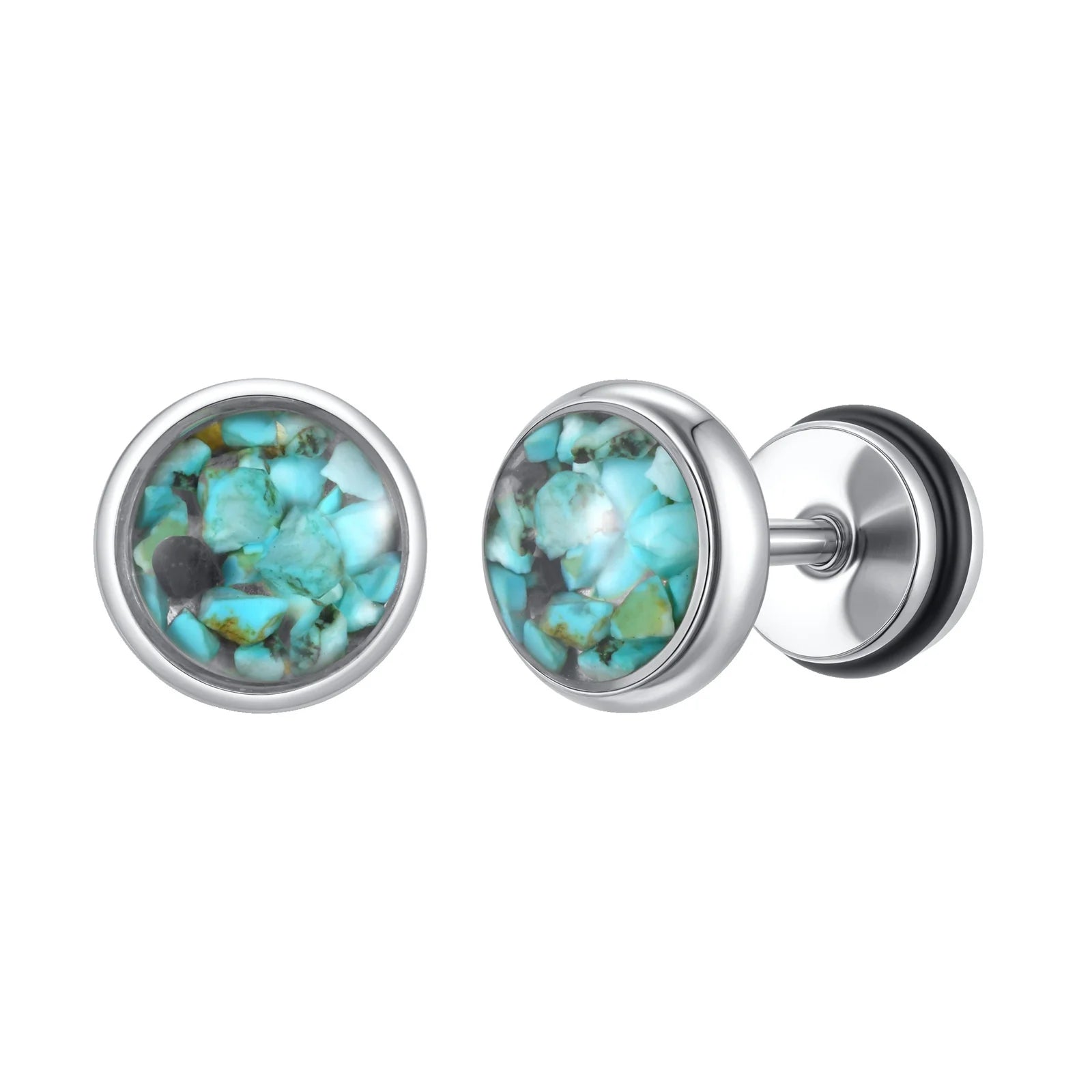 Vnox Irregular Turquoise Stones Stud Earrings for Women Men, Clear Enamel Round Small Earrings,Stainless Steel Ear Jewelry