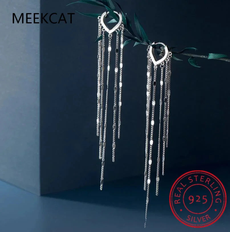 Real 925 Sterling Silver Long Tassel Sparkling Trendy Drop Earrings for Women Dangle Earrings Fine Jewelry Wedding Gift G7026