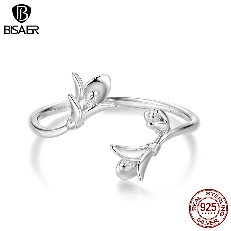 BISAER Real 925 Sterling Silver Lavender Open Ring Blooming Flowers Stackable Band Adjustable 5-8 for Women Party Fine Jewelry