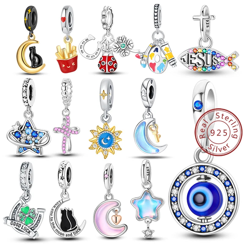 100% Real 925 Sterling Silver Charms Beads Stars Moon Pendant Fit Original Charms Bracelets Bangle DIY Jewelry Gifts