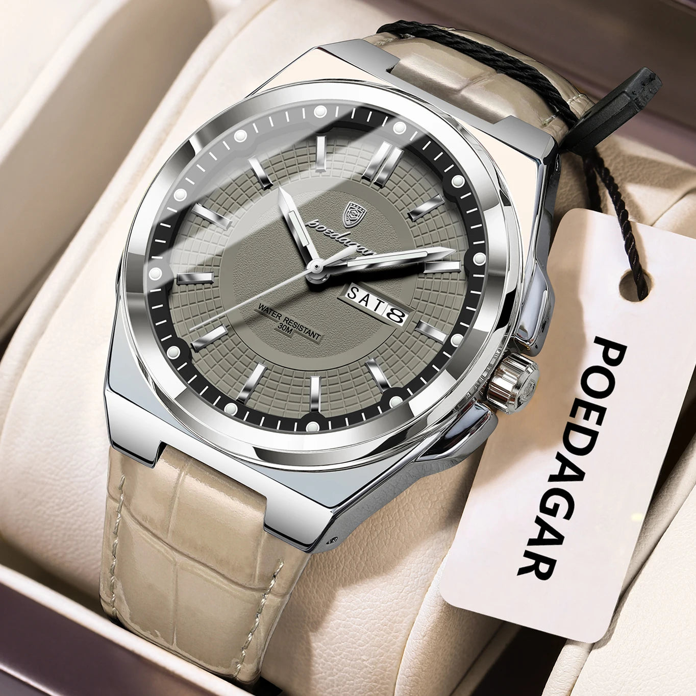 POEDAGAR Luxury Original Man Wristwatch Waterproof Luminous Date Week Quartz Men's Watches High Quality Casual Leather Men Watch