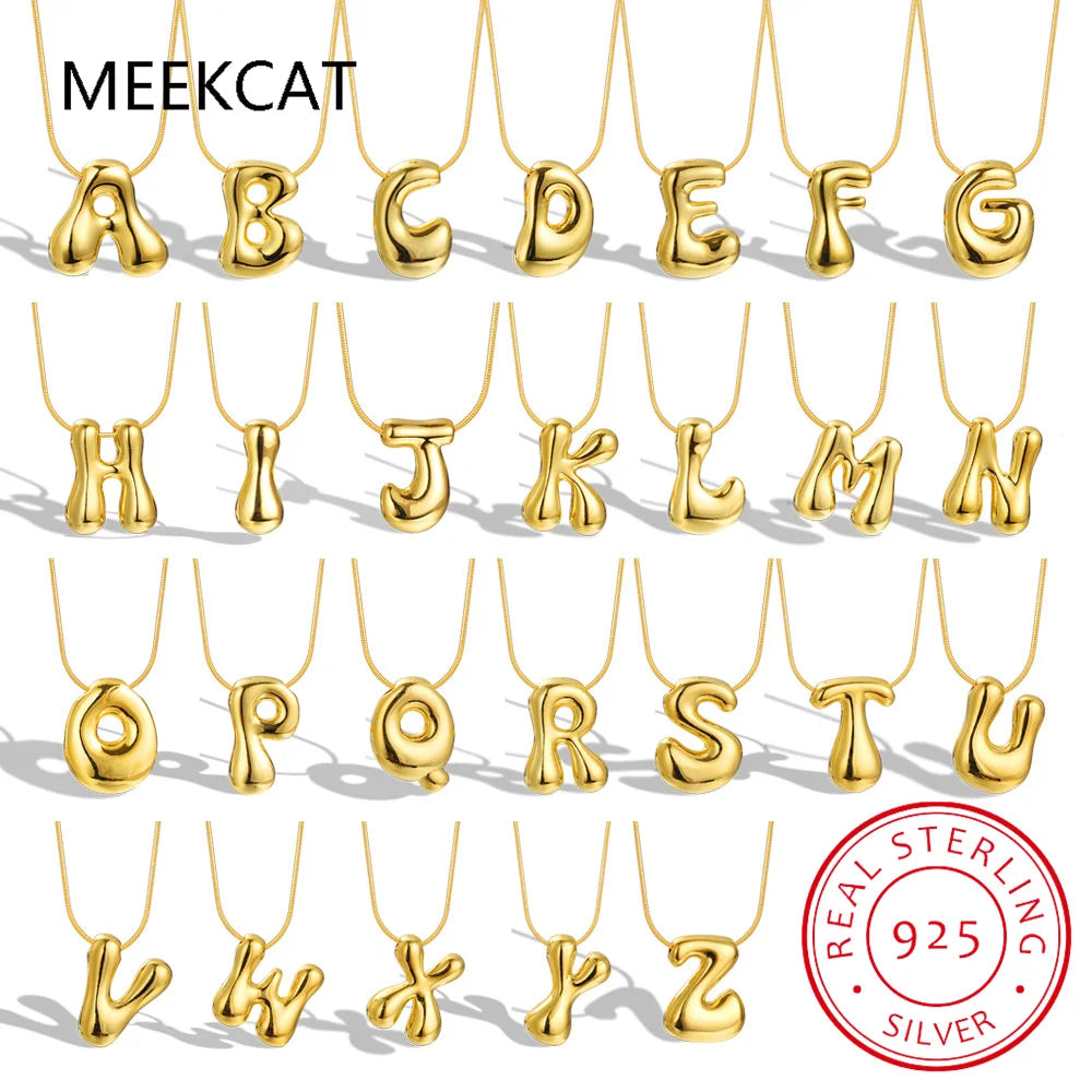 Collares 925 Sterling Silver Chunky Alphabet Balloon Bubble Initial Letter Pendant Necklace for Women Men Charm Necklaces