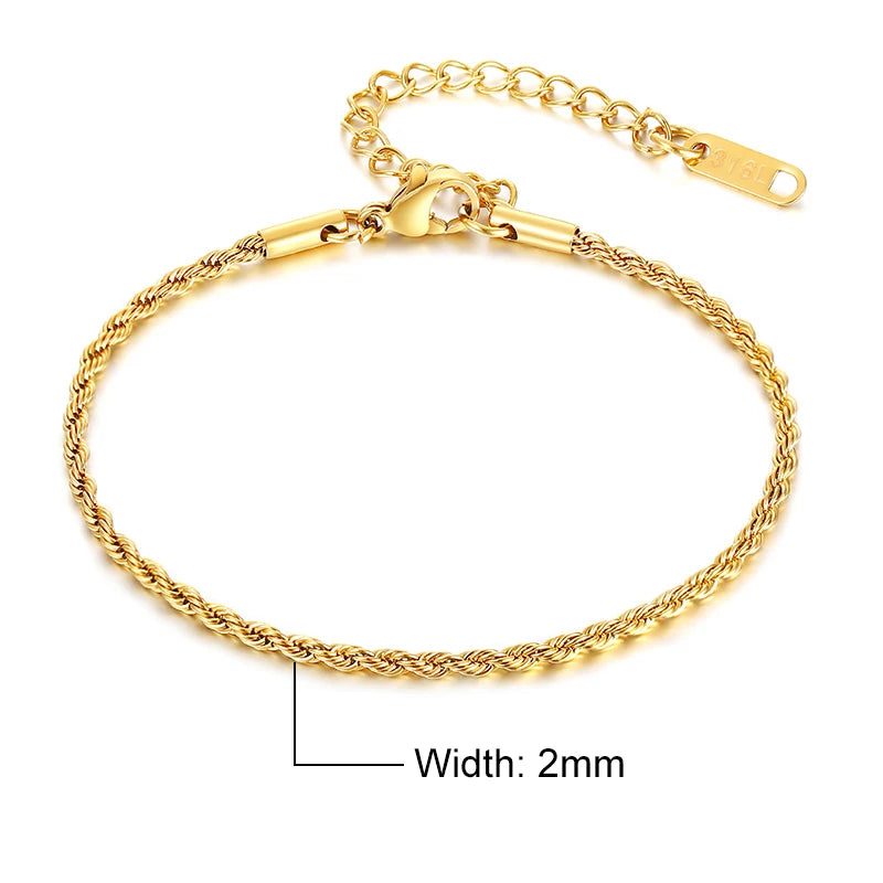 Vnox Unisex Rope Chain Bracelets for Men Women, Stainless Steel Twisted Links Chain Bracelet,Simple Classic Jewelry Gift for Him - Madeinsea©