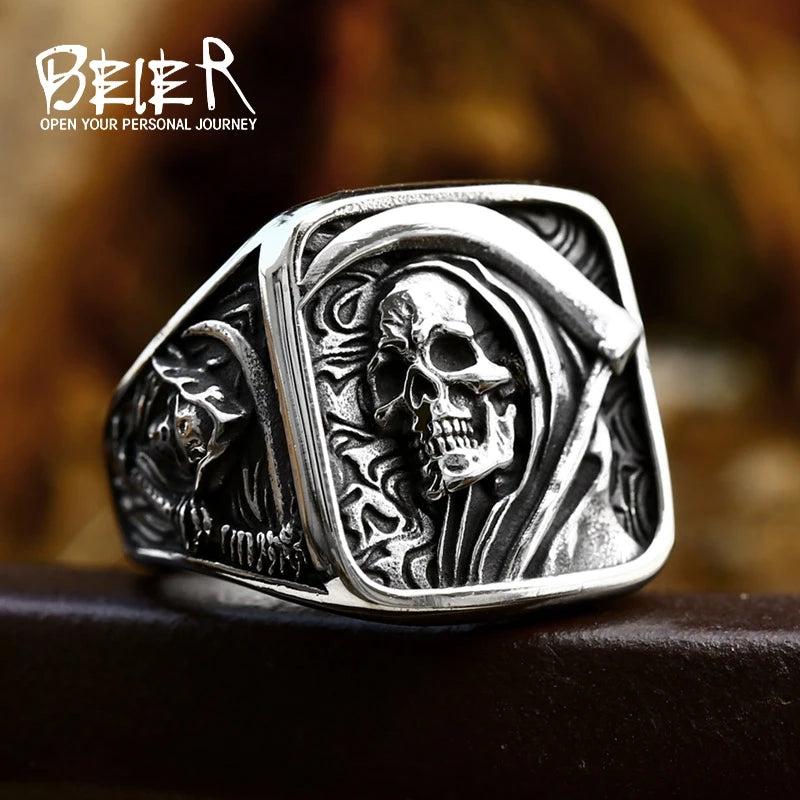BEIER 2023 Nouvelle Arrivée La Faucheuse Bague En Acier Inoxydable Bague Crâne Pour Hommes Punk Vintage Biker Bijoux En Gros