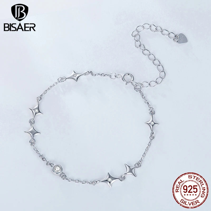 Bracelet étoilé BISAER en argent sterling 925, plaqué or blanc et orné de zircons étincelants, pour femme, idéal pour les mariages et les fêtes. Bijou raffiné.