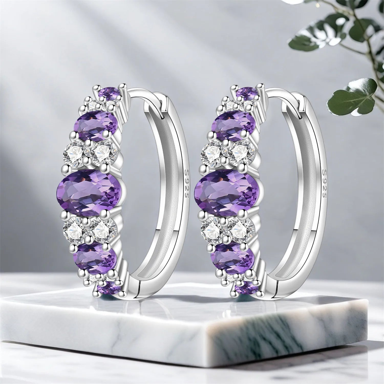 PANPOKI S925 Sterling Silver Geometric Purple Gradient Earrings Versatile Hoop Earrings For Women Jewelry Original Party Gifts