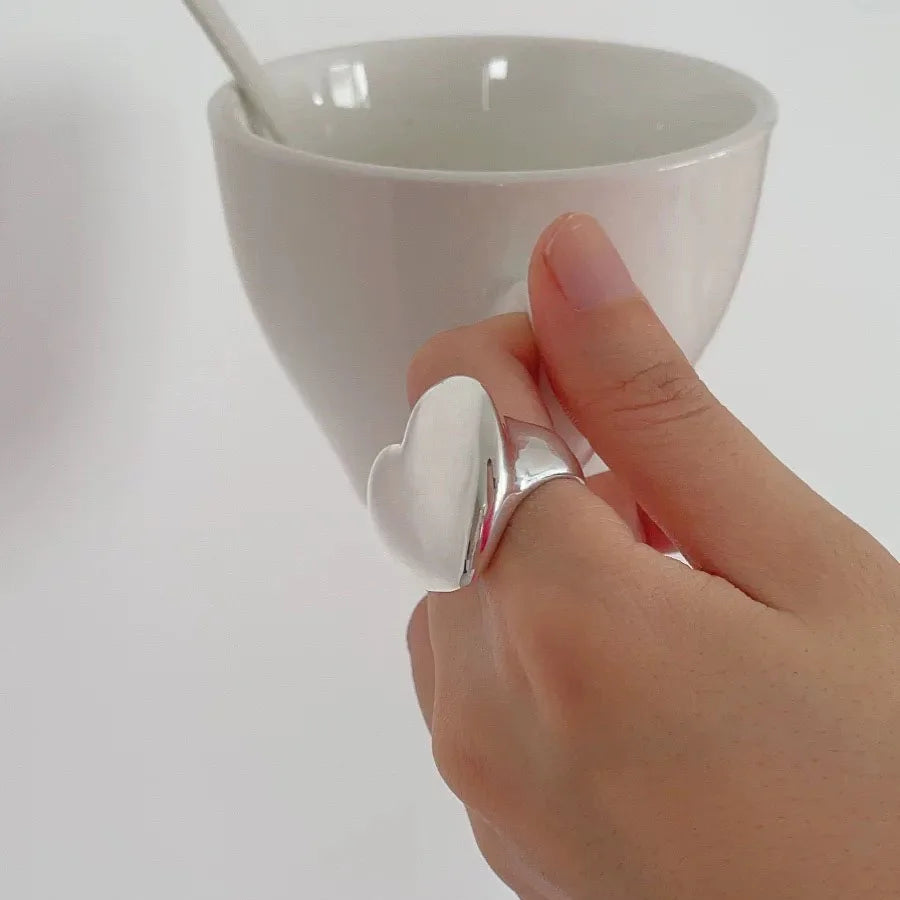 925 Sterling Silver Rings For Women Geometric Fine Jewelry Finger Adjustable Simple Smooth Heart Ring For Party Birthday Gift