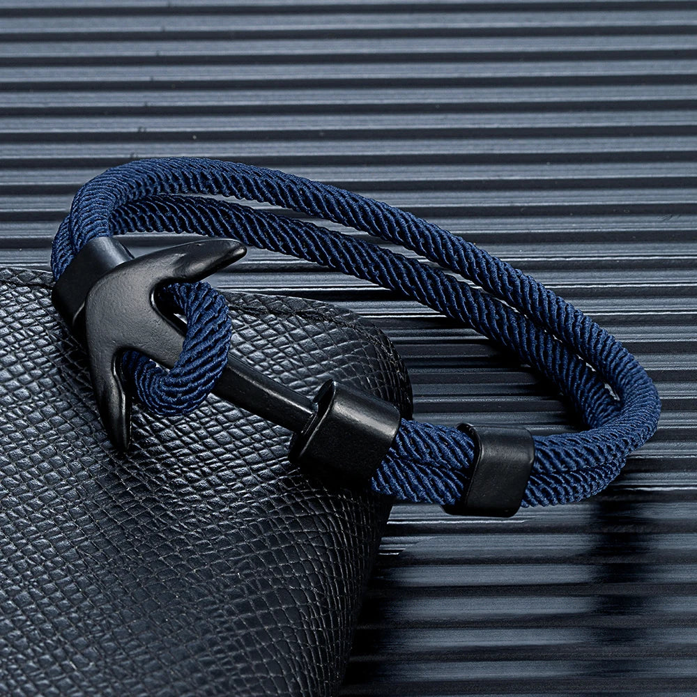 MKENDN Anker-Armbänder für Herren, doppelsträngiges nautisches Überlebensseil-Armband für Damen, schwarze Sportschnalle, wasserdichter Schmuck