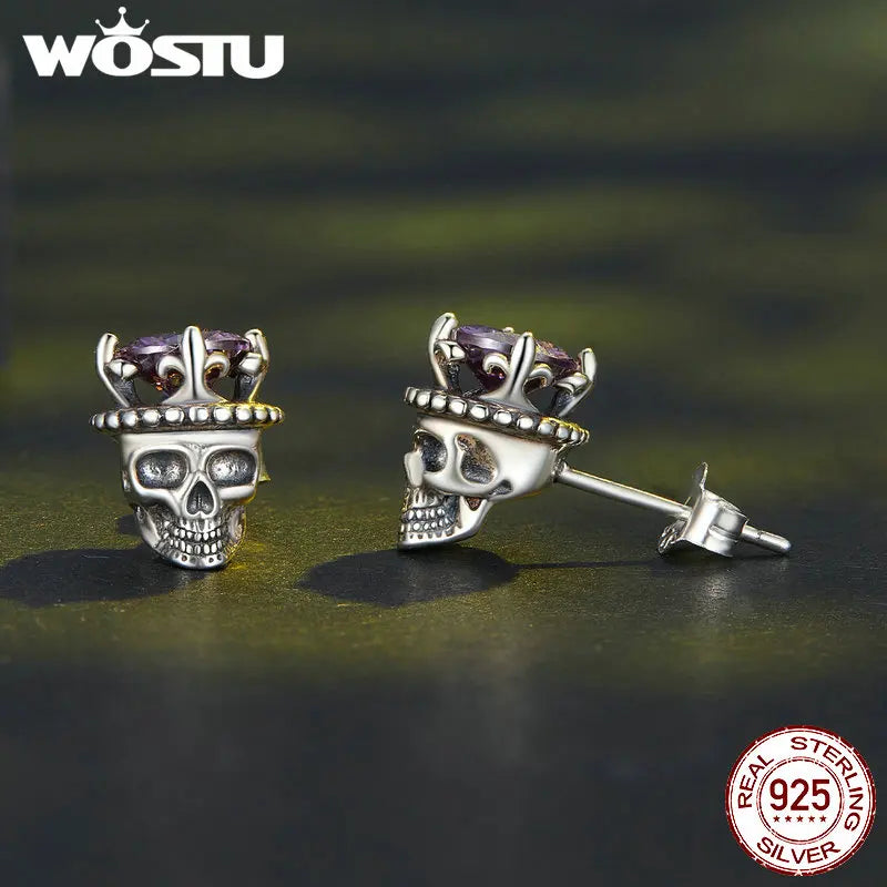 WOSTU 925 Sterling Vintage Silver Punk Jewelry Skull Crown Stud Earrings Women Carved Purple Zircon Personalized Hip Hop Gift