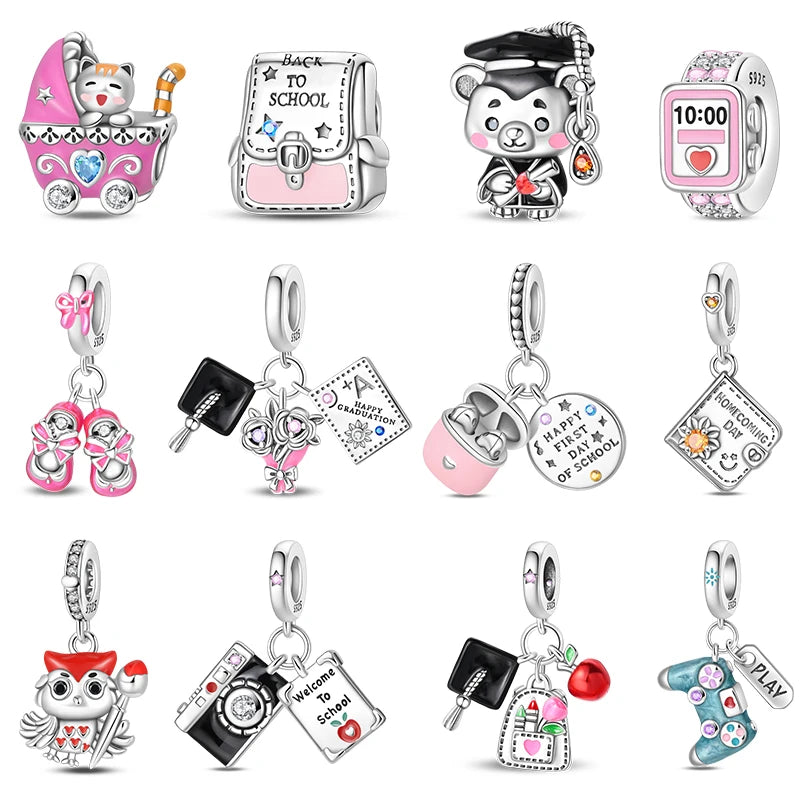 Original 925 Sterling Silver Charms Beads Graduation Season College Entrance Bachelor's Cap Pendant for Bracelet Charm Jewelry