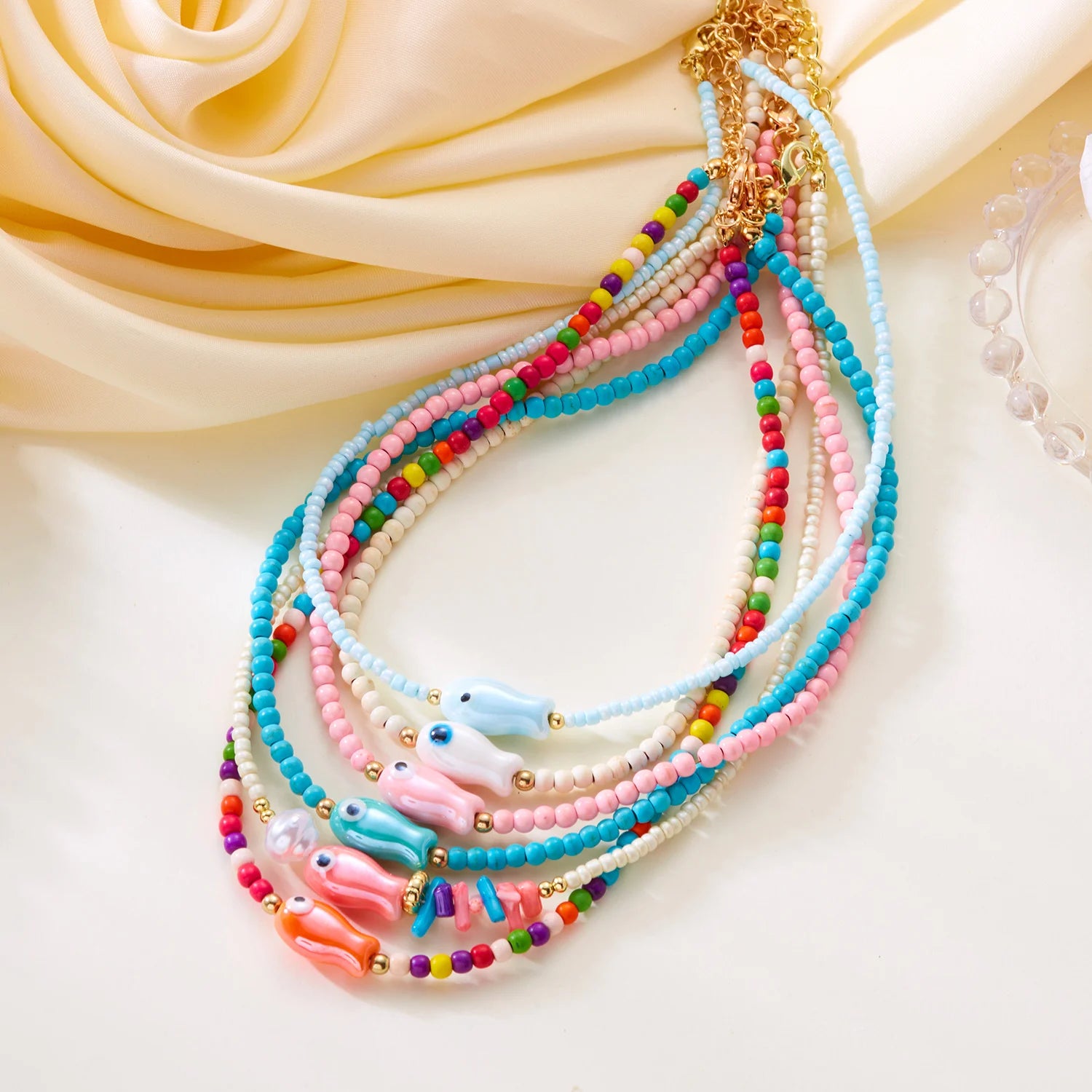 Colorful Ceramic Fish Beaded Necklace For Women Unisex Handmade Rice Beads Choker Beach Party Aesthetic Charm Jewelry Gifts