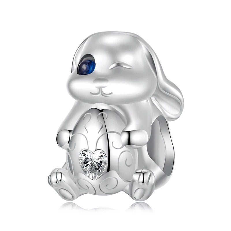 WOSTU 925 Silver Easter Rabbit with Egg Charm Heart Rabbits Pendant Moonstone Safety Chain Fit Bracelet Girl Daughter DIY Gifts