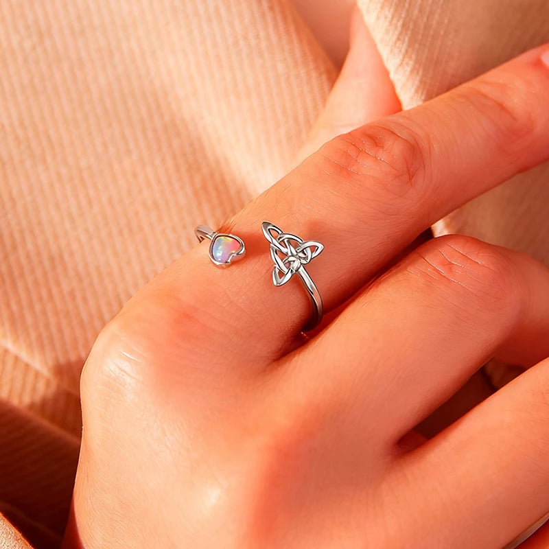 WOSTU 925 Sterling Silver Celtic Knot Open Ring With Pink Fire Opal Gemstone, Women Opal Heart Ring S925 Unique Valentine Gift