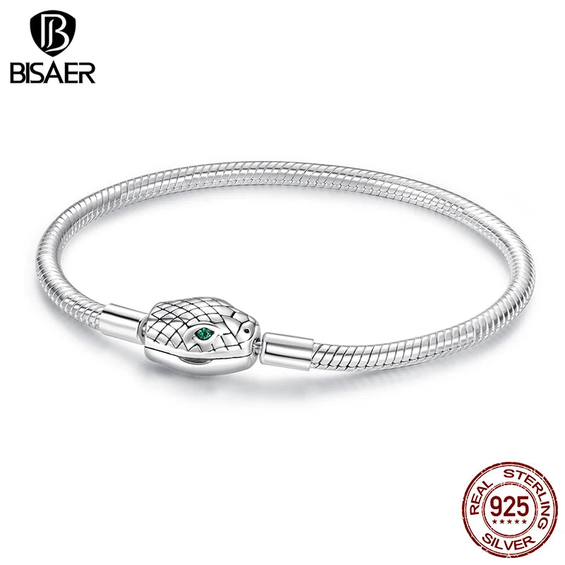 BISAER 925 Sterling Silver Snake Green Zircon Bracelet Snake Bone Basic Bracelet for Women Charms Beads DIY Fine Jewelry Gift
