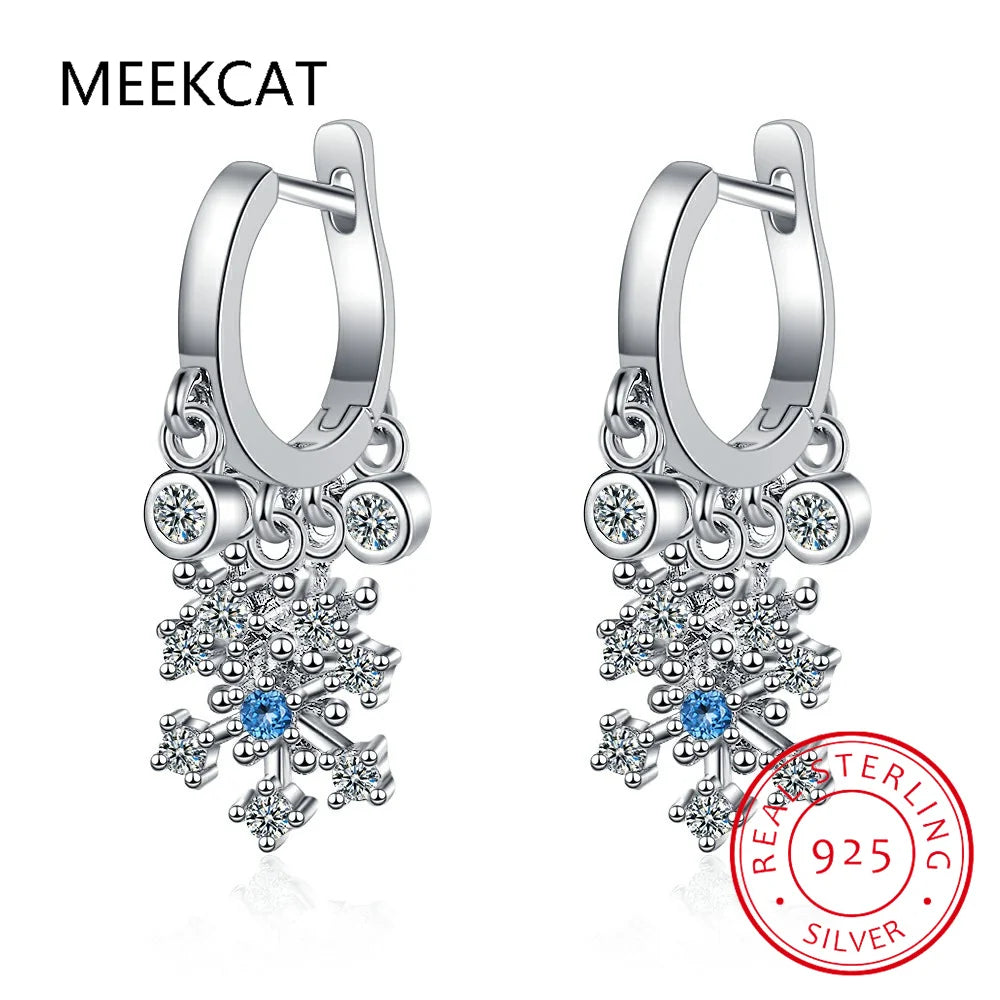 925 Sterling Silver Snowflake Ear Buckles Luxury Zircon Hoop Earrings Oorbellen for Women Engagement Wedding Fine Jewelry Gift