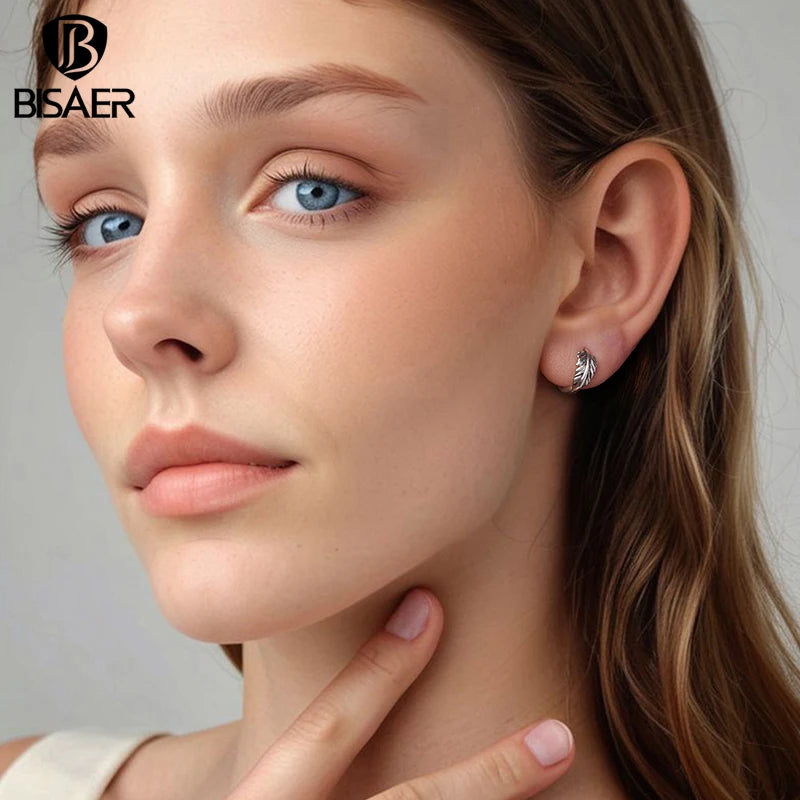 BISAER Real 925 Sterling Silver Retro Leaves Hoop Earrings Classic Hypoallergenic Earrings for Women & Girls Party Fine Jewelry