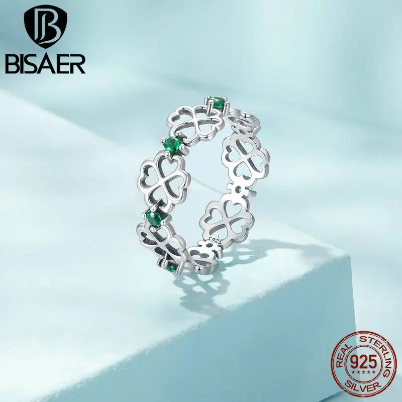 BISAER 925 Sterling Silver Four Leaf Clover Ring Hollowed Green Zircon Fine Jewelry For Engagement Party Women Gift ECR859