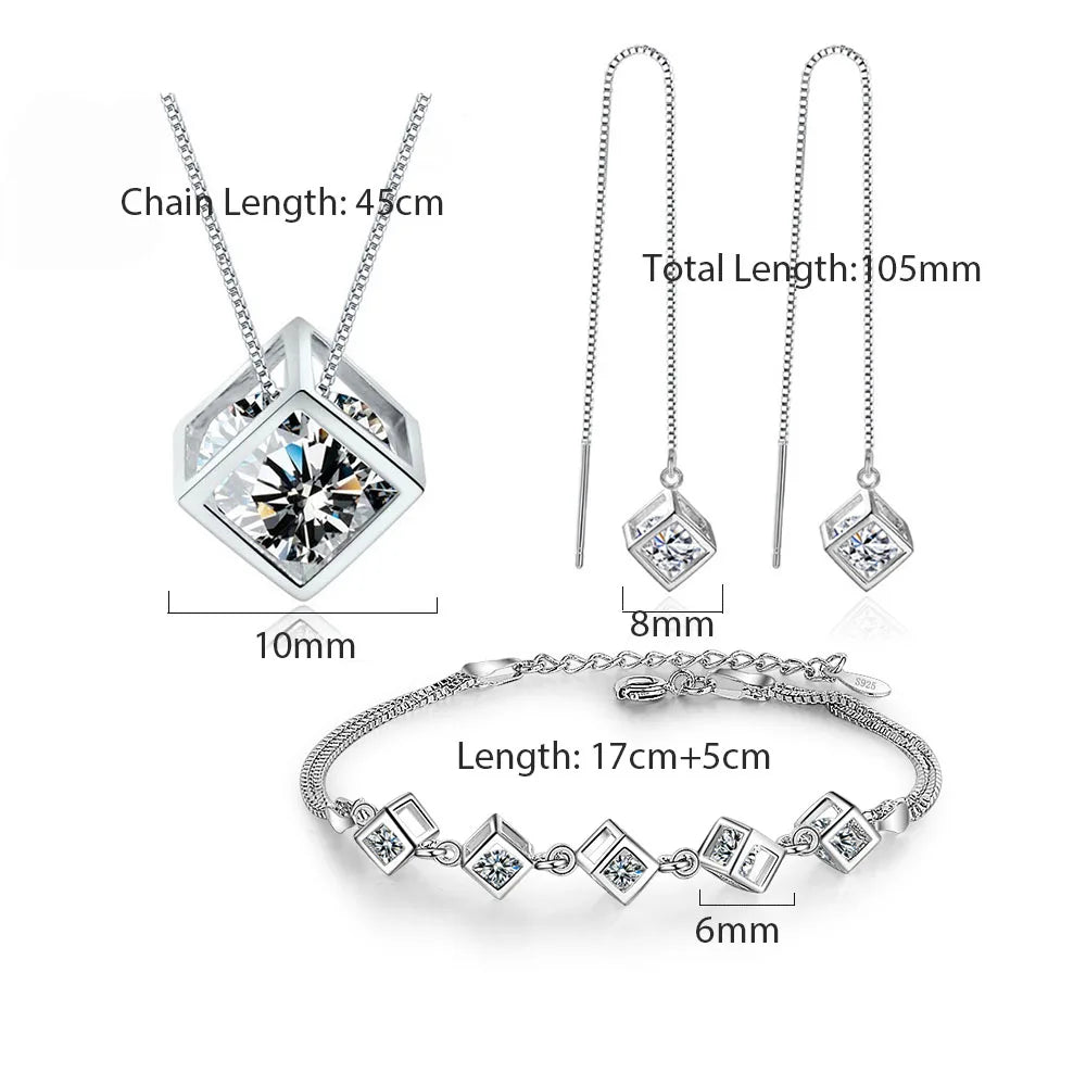MEEKCAT 5 Style 925 Sterling Silver Jewelry Sets Zircon Square Cube Necklace+Earrings+Bracelet For Women Gift