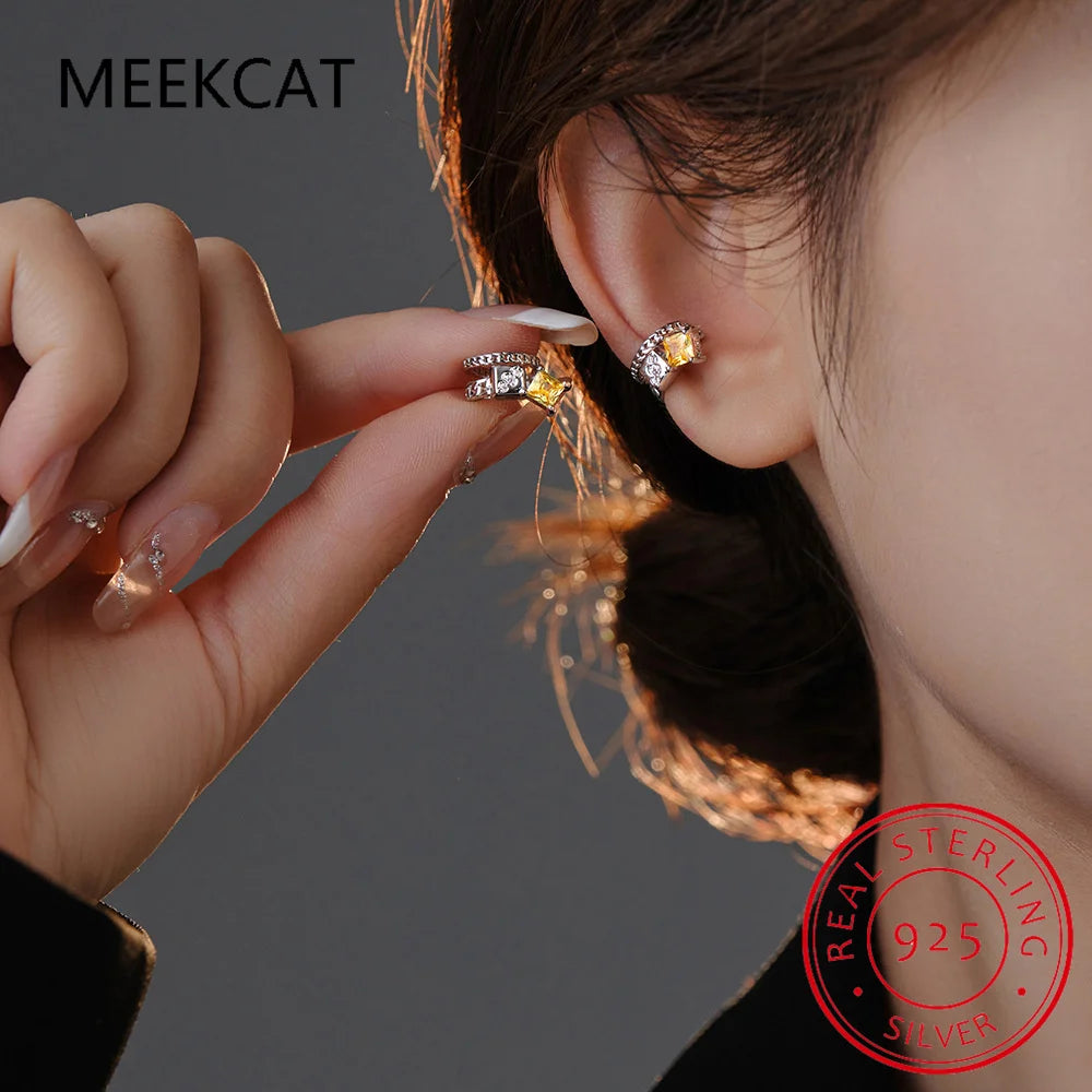 Boucle d'oreille à clip double couche carrée en argent sterling 925 avec citrine, pour femme et fille, sans piercing, bijou DS534