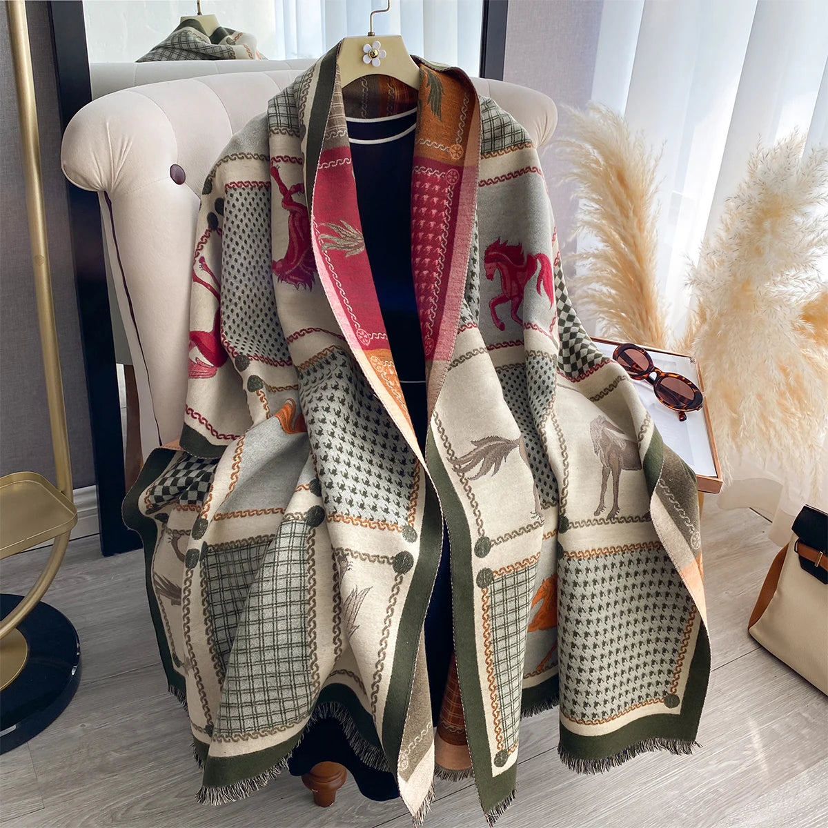 New Women Imitation Cashmere Two Sided Horse Print Scarf Soft Warm Pashmina Shawl Autumn Winter Coldproof Windproof Blanket