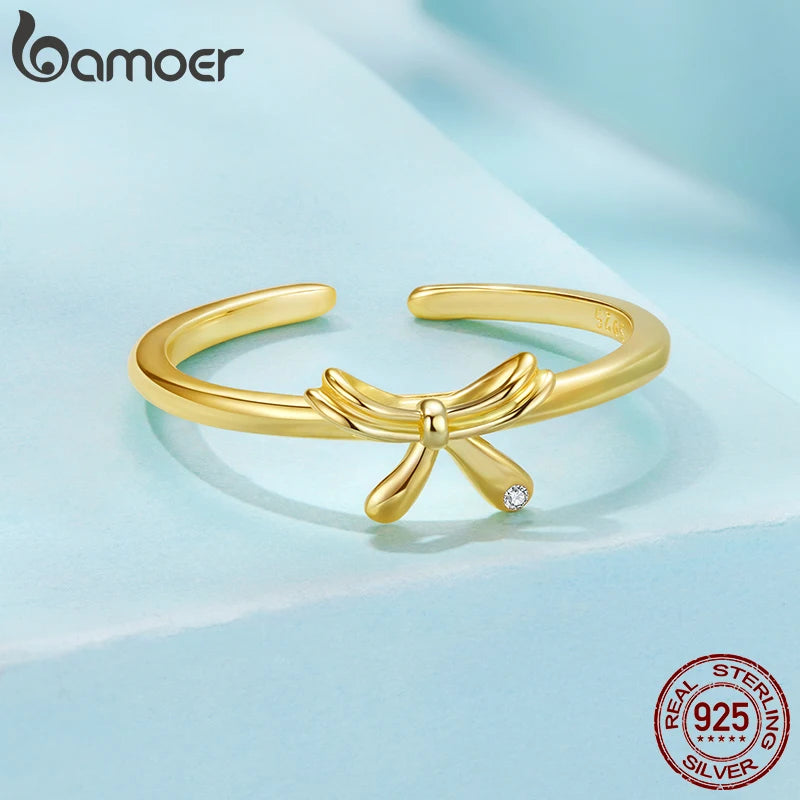 BAMOER 925 Sterling Silver Bowknot Ring for Women Promise Ring High Polish Comfort Fit Band Ring