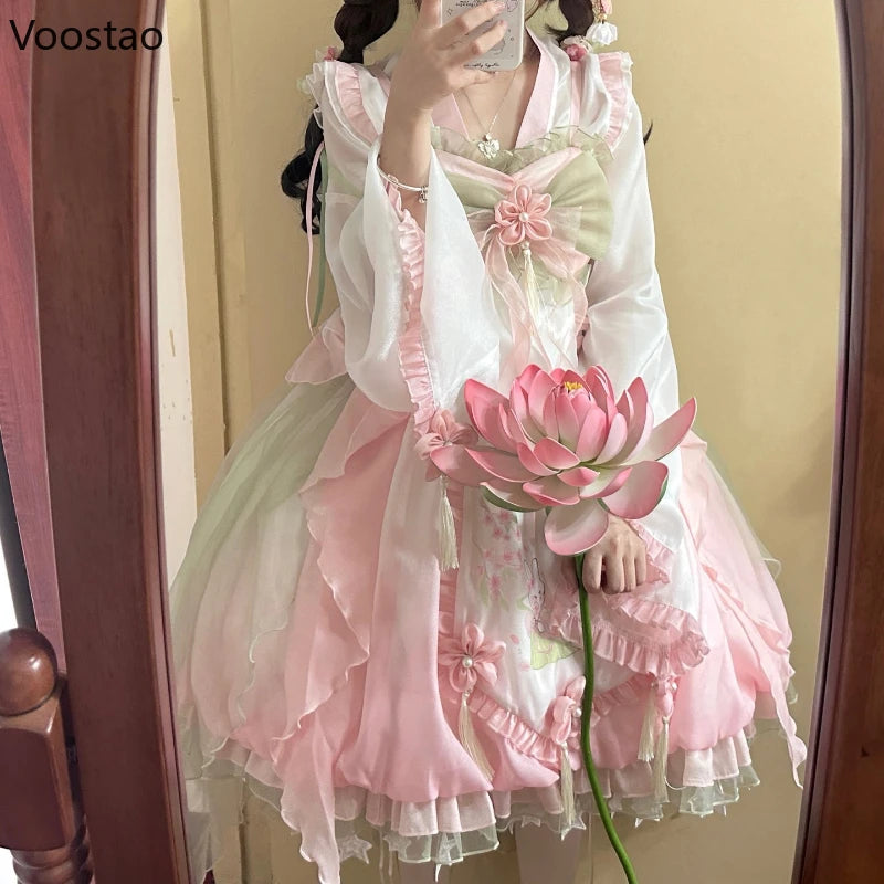 Sweet Lolita Princess Dress Women Cute Cartoon Rabbit Print Flower Ruffles Party Dresses Chinese Hanfu Style Kawaii Lolita Sets