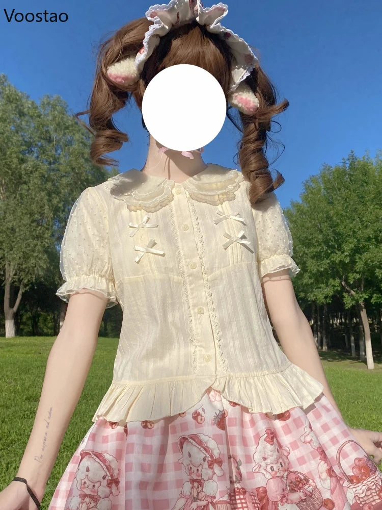 Sweet Lolita Blouses Girly Japanese Kawaii Bow Lace Peter Pan Collar Puff Sleeve JK Shirts Women Cute Princess Tops Blusas Mujer