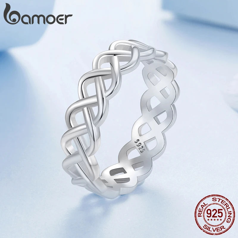 BAMOER 925 Sterling Silver Woven Rings, Celtic Knot Chain Rings for Women Vintage Eternity Band Ring Jewelry BSR619
