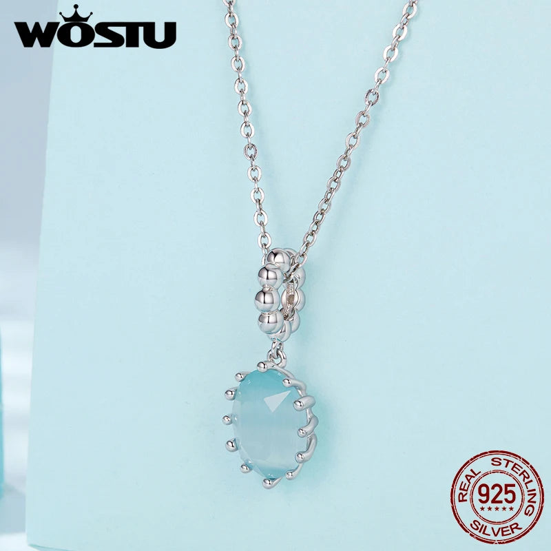 WOSTU 925 Sterling Silver Blue Crystal Sugar Pendant Charms For Bracelet Necklace Best Birthday Jewelry Gift Oval Cut Necklaces